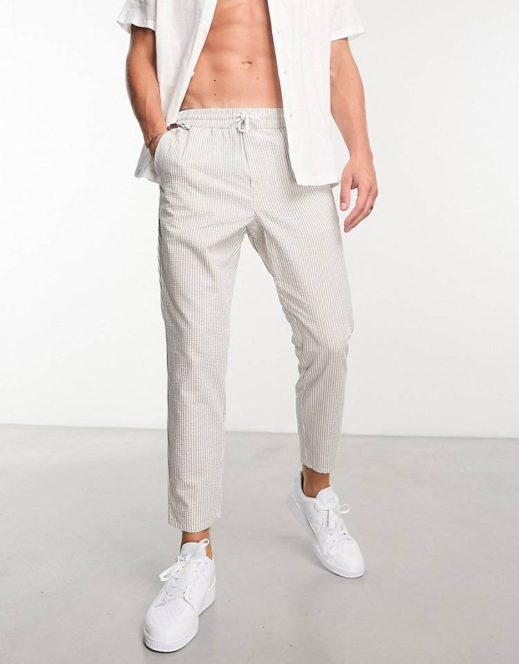 Only & Sons seersucker tapered pants in beige ticking stripe